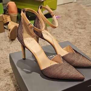 Vince Camuto Pointed-Toe Ankle-Strap Heels in Nude with Black Mesh